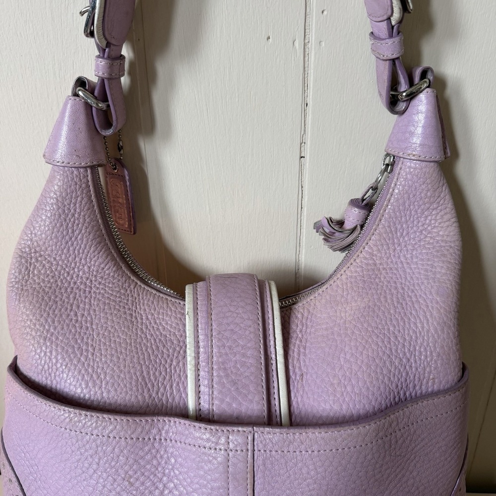 Coach Lilac Pebbled Shoulder Bag Buckle Accent Silver Hardware Designer Classic - Picture 7 of 14